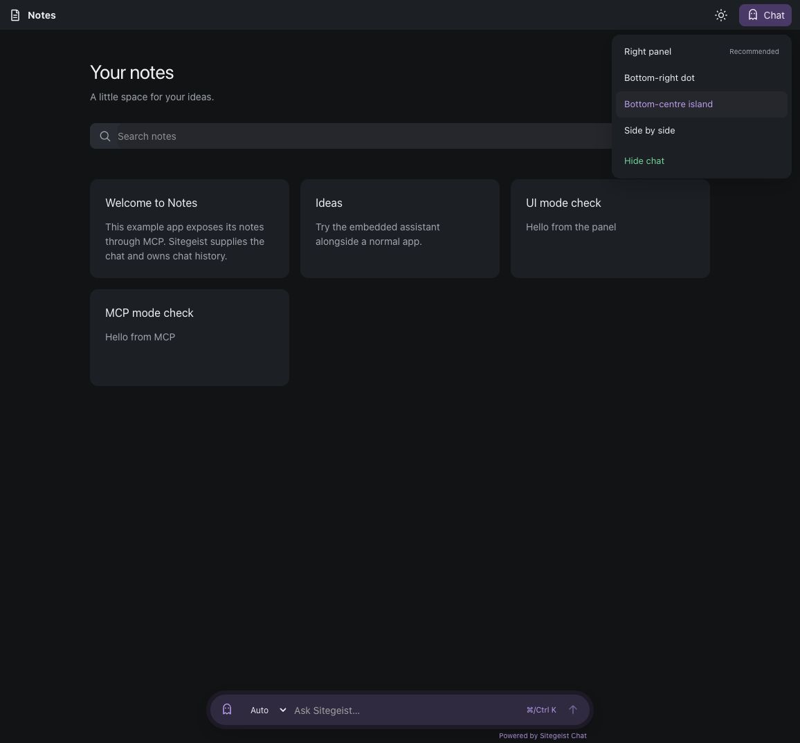 The Chat menu of the Notes demo with the four layouts
