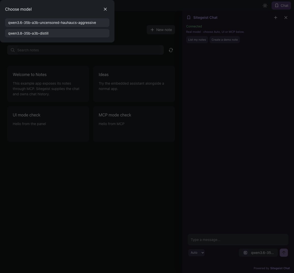 The model list of the demo with the chat models of the local server